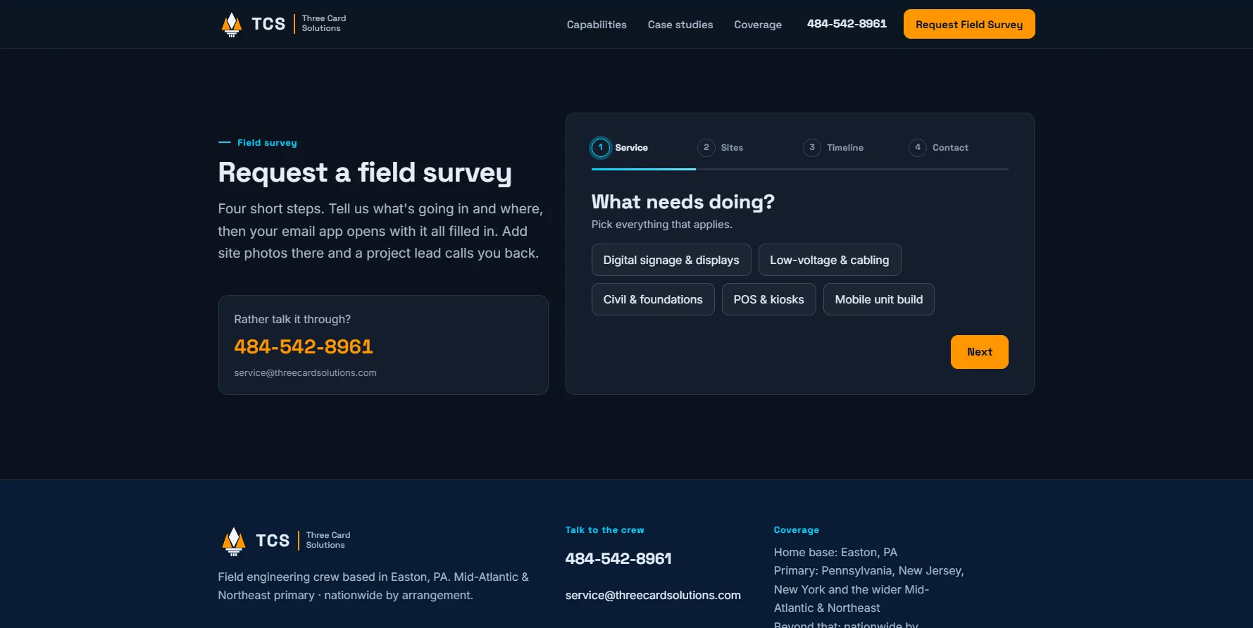 The Request a field survey form on the Three Card Solutions site.